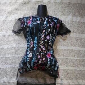 Charlotte Russe Black Mesh Top with Floral Embroidery